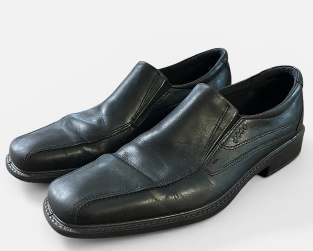 Black Men's Ecco Dress Shoes Leather Slip-On's Apron Toe Helsinki Size 47/US 14